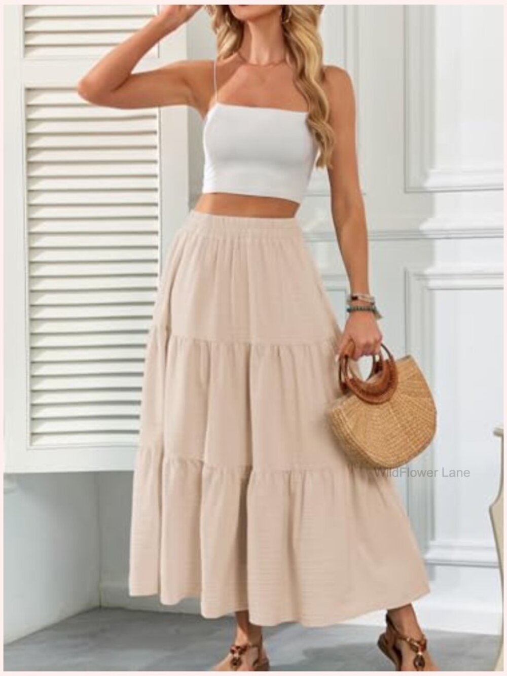 Tiered Maxi Skirt High Waisted A-Line Flowy Long with Pockets - Picture 3 of 7